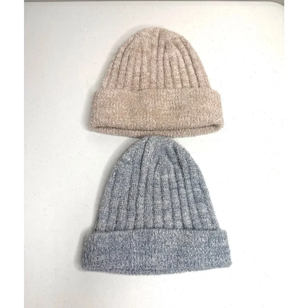 Softies Chunky Rib Marshmallow Beanie Lot of 2 Blue Beige Cozy Cabincore Winter